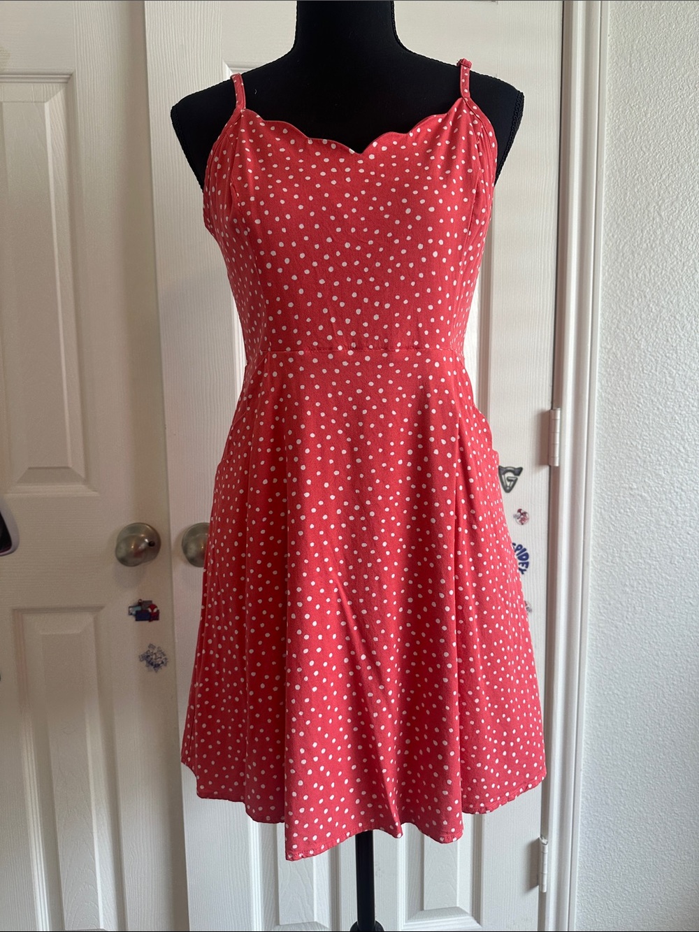 41 Hawthorn Red Polka Dot Scallop Neck Mini Dress